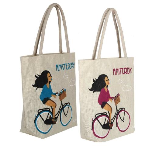 SB BAGS Blue, Pink Jute / Shopping Bag / Shopping Bag // Shopping Bag Grocery Bag With Zip Closure (Pack Of 2)