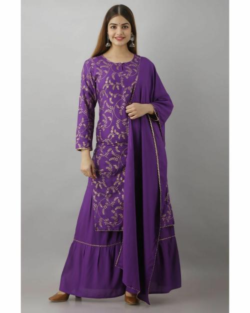 Jayleen Women Purple Printed Rayon Kurta Set