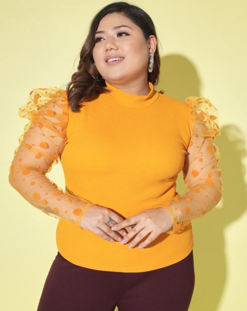 BuyNewTrend Curvy Black Plus Size Carrera Polka Dot Net Top For Women | top for women | women top | top for women | women top