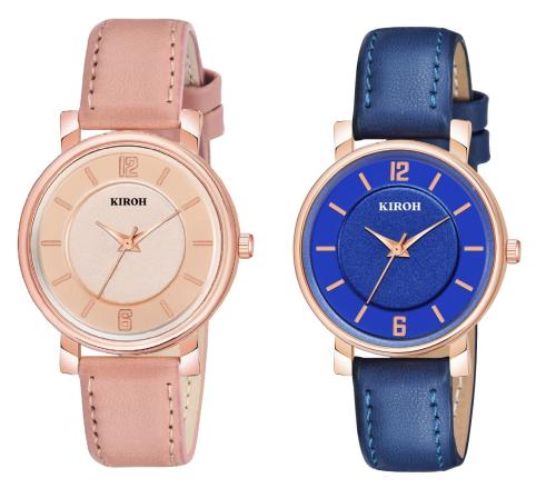 KIROH Peach & Blue 6 to 12 Antique Dial Analogue Stylish Leather Strap Analoge Girls And Woman Combo Watches( Pack of-2,Peach-Blue)
