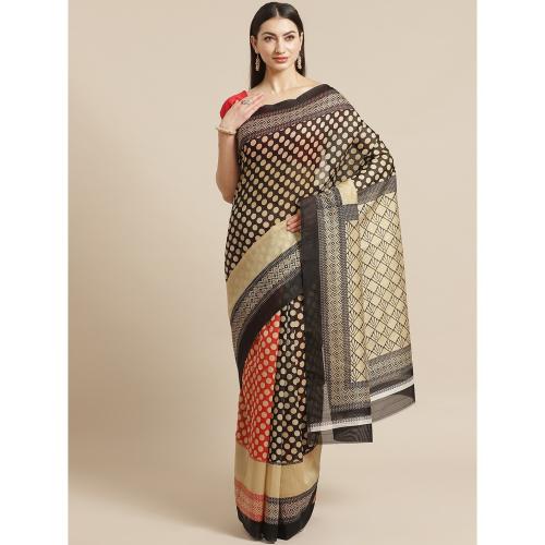 Grubstaker Red And Black Polka Dot Print Saree
