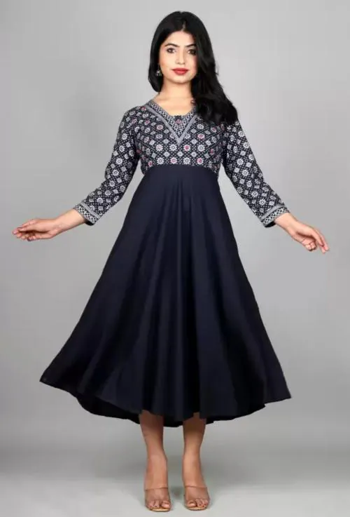 Shyama Collection Women Printed Viscose Rayon Ethnic Dress  (Dark Blue)