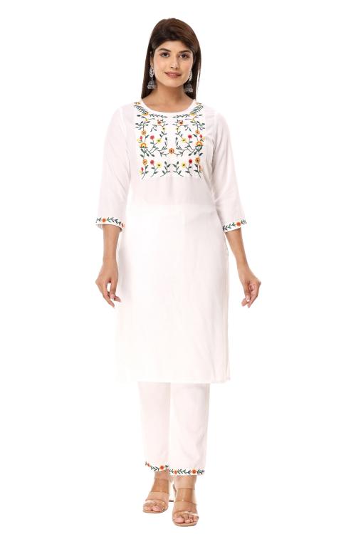 Vihaan IMPEX White Embroidered Rayon Kurta with Pant Set for Women 3/4 Sleeve