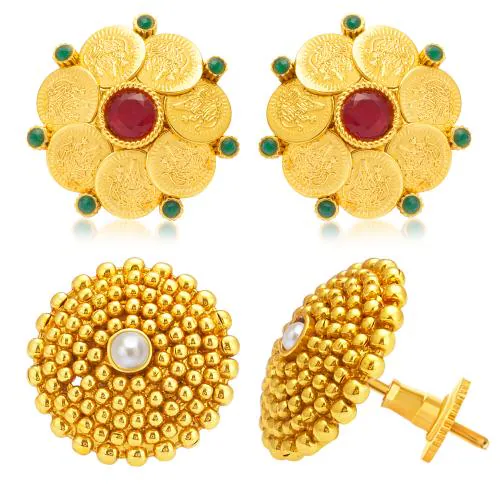 Sukkhi Ethnic Gold Plated Set of 2 Pair Temple Stud Earring Combo For Women