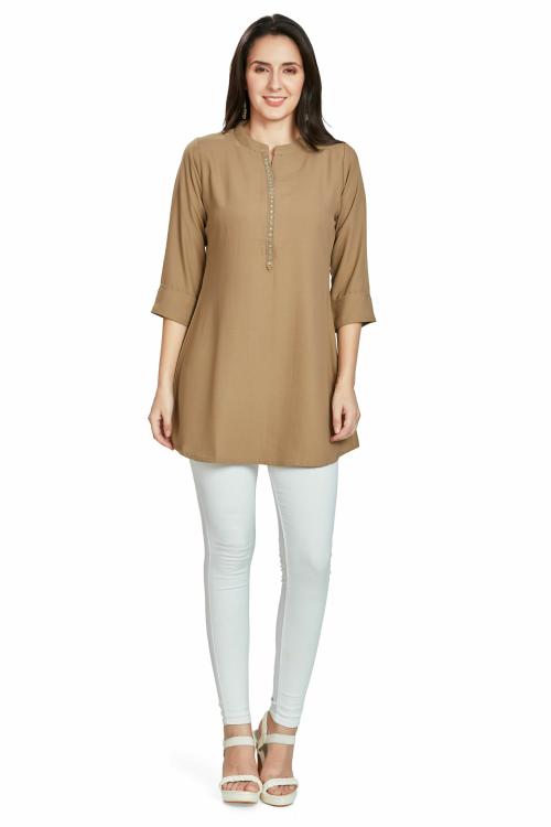 nioni Women's Straight Short Kurta | Round Neck Tunic for Girls| 3/4 Sleeves (Light Peanut, M)