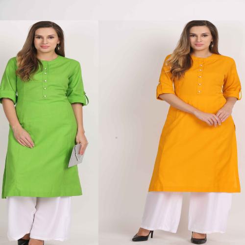 Jivitha Latest Stylish Women Vibgyor Kurta Cotton Flax with Vivid Silhouettes/College Set -01 Cotton Solid Kurta/Office wear/Neon Green Colors for Regular (Combo) Pack of 2