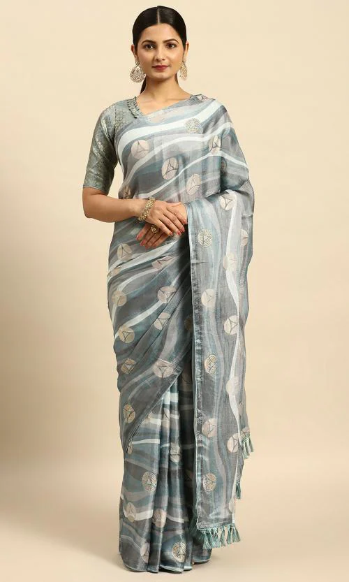 Rekha Maniyar Women's Heavy Chiffon Brasso Light Blue Saree With Unstitched Viscose Dimond Work Blouse Piece