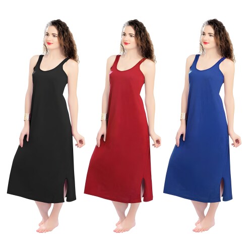 Mythili Comfortable Women's Cotton Full Length Nighty Slip-Pack of 3| Free Size Sleepwear for Ladies-Pack of 3