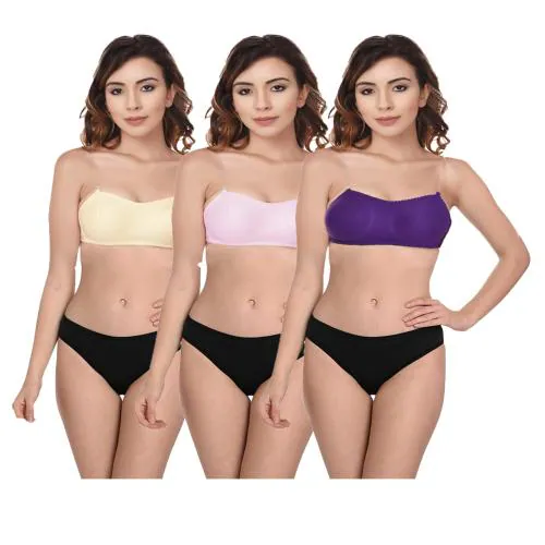 SHE WEARS Wirefree Multicolored Tube Bra Panty Set with Detachable Transparent Straps for Women/Girls. 36C