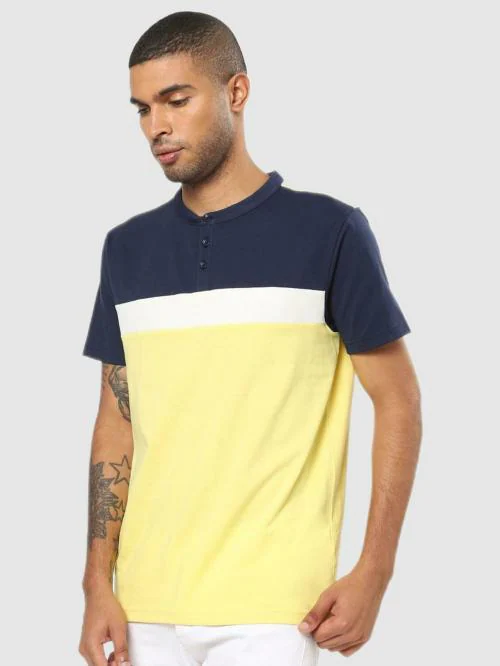 Bewakoof Colour block Yellow Short Sleeve Henley T-shirt