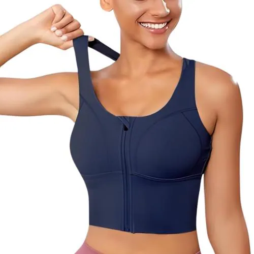 Glamoras Women Polyester Spandex Medium Impact Front Zip Sports Bra Longline Fitness Criss Cross Back Crop Tops Tank Gym Yoga Workout, Size: M-2XL