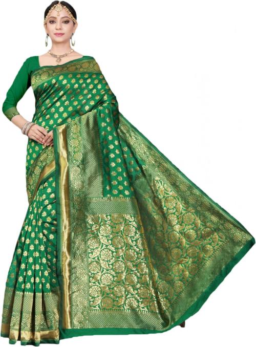 Mermaid Ocean Self Design Banarasi Silk Blend Saree (Green)