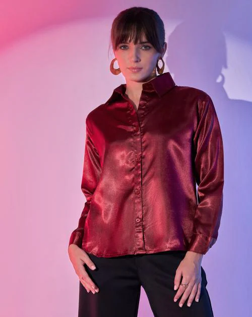 Buynewtrend Maroon Regular Fit Women's Lustrous Full Sleeve Satin Formal Shirts |Chic Comfort Shirt