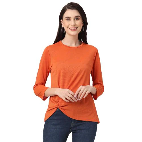 109F Tops for Women, Western Ladies Stylish Top with Casual Full Sleeves, Round Neck with Twisted Knot Details, Regular Fit Fancy Women’s Top for Office, Vacation, Party, Trendy Summer Wear (Rust)