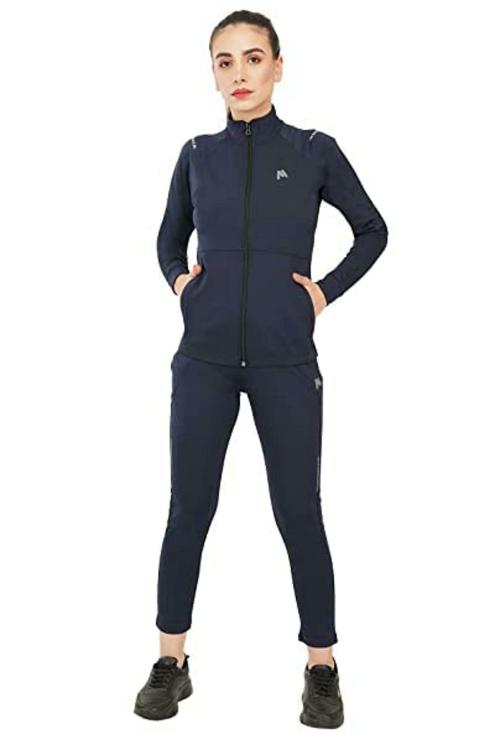 mark & jones Women Navy Solid Polyester Lycra Running Tracksuit (XL)