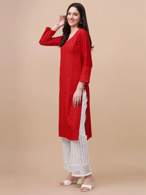 Derifa Women Red Floral Embroidered Sequinned Kurta with Palazzos