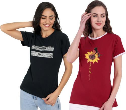 CHOZI Women Dark Blue, Red Typography Cotton Blend Pack of 2 T-Shirt