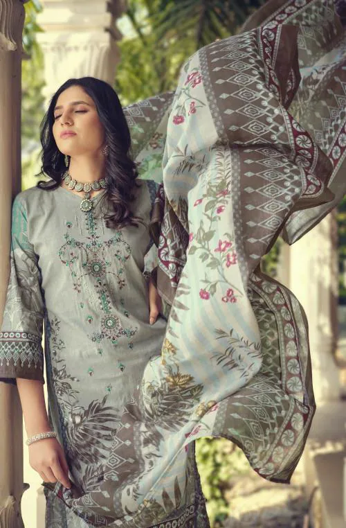 DRAVINAM Trends Unstitched Pakistani Print Embroidered Cotton Suit Dress Materials with Dupatta Unstitched Dress Material For Women (Grey)