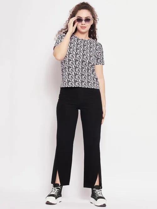 Madame Women Black Printed Cotton Blend Casual Top