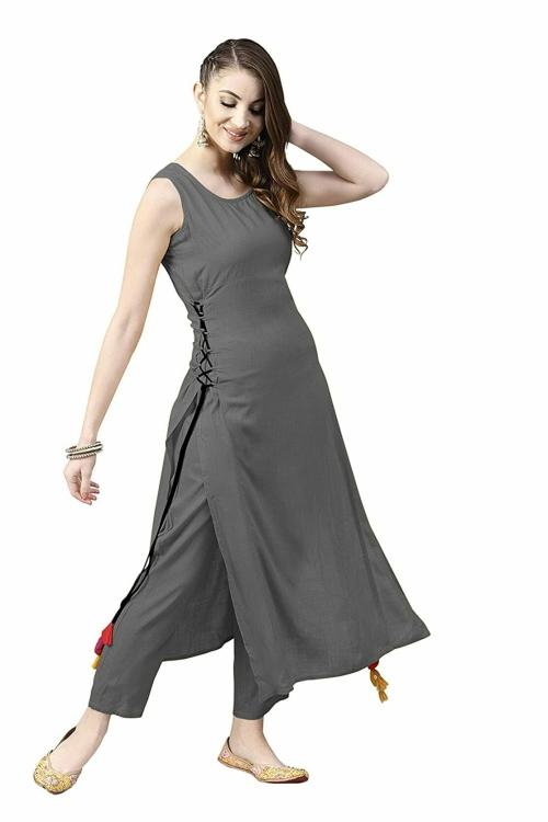 Saucy Belle Women Rayon Sleeveless Round Neck Long Kurti and Pant Set (Grey)