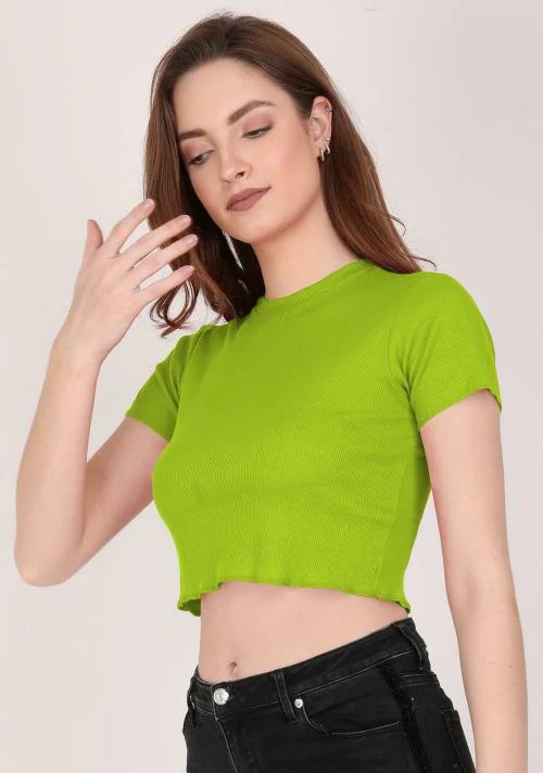 THE BLAZZE_Women Cotton Blend Light Green Crop Top_S