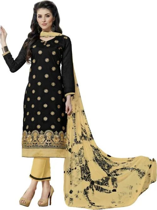 Manvaa Women Black Embroidered Cotton Blend Semi-Stitched Dress Material