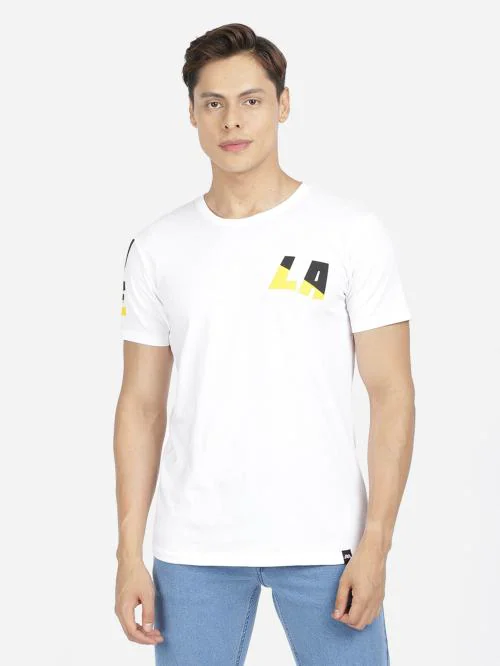 MASH UNLIMITED Men's White Single Printed Round Neck Short Sleeves Tshirt