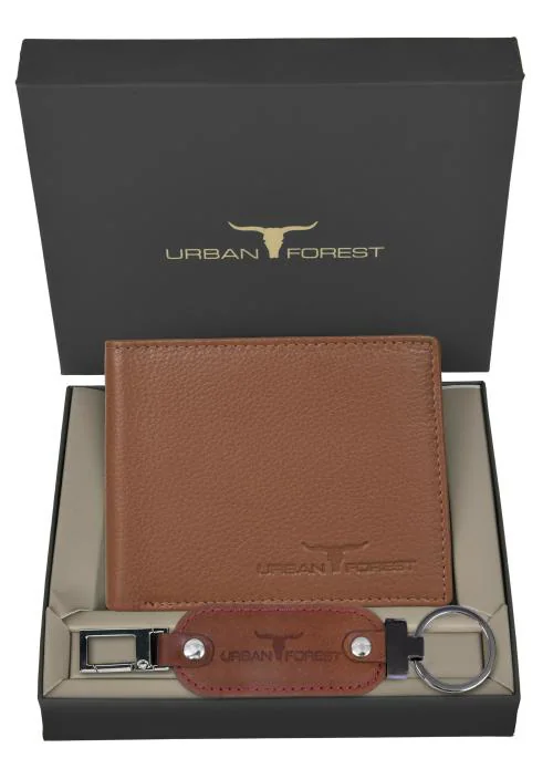 Urban Forest Carl Redwood Mens Leather Wallet & Premium Redwood Keychain Combo Gift Set for Men