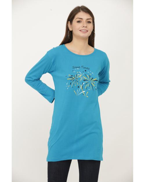 RRAVAYKI Cotton Printed Full Sleeves Round Neck Regular Fit T-Shirts/Top/Long Night Wear T-Shirt for Women's & Girls |Size-XL |Pack of 1|Dark Firozi