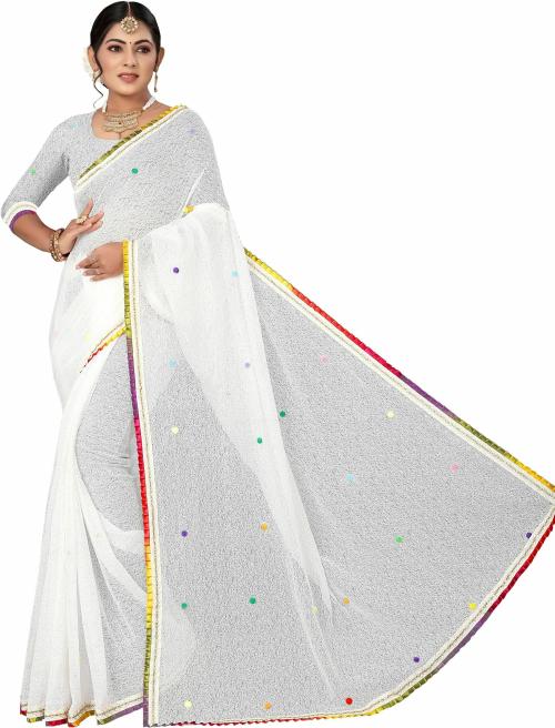 Verviza Women White Solid Net Saree with Unstitched Blouse Piece