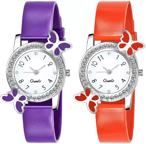BIZOLO Analogue Dial Women's & Girl's Watch Combo - 2 Butterfly Watches In Purple &Red Color for Girls & Kids