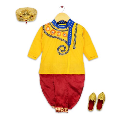 mustmom Elegant Ethnic Dhoti Kurta Set with Cap and Shoe Rice Ceremony Special Edition