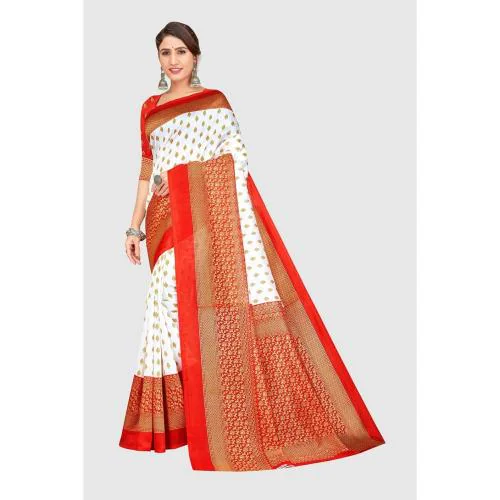 Grubstaker White Colour Art Silk Saree With Blouse