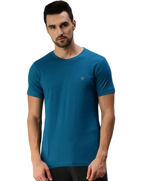 Mens Peacock Blue Solid Round Neck T-Shirt