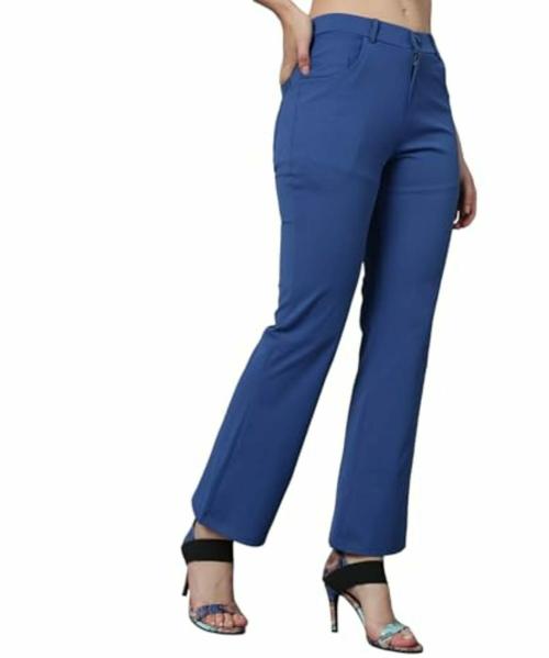 FEMALL Women's Stylish Cotton Blend Bootcut Style Bell Botton Flared Trouser Pant with Button Closure