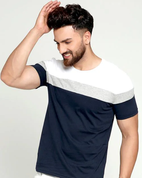 Gespo Colourblock Half Sleeve Round Neck Tshirt For Men (Color- Navy & White)