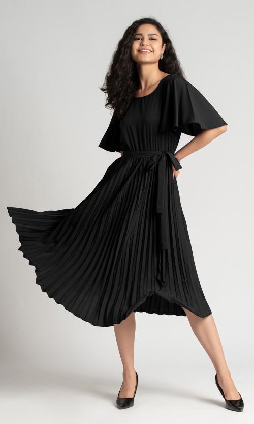 AASK Black Womens Polyester Pleated Dress| Dress for women| Party Dress| Dresses| Stylish Dress| | New Collection