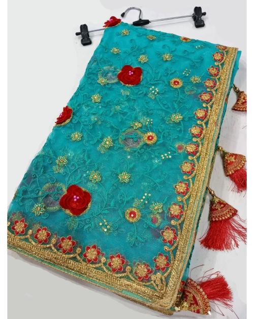 shyamlata Women's Net Machine And Hand Embroidery Stone Work Saree With Embroidered Blouse Piece|Blue