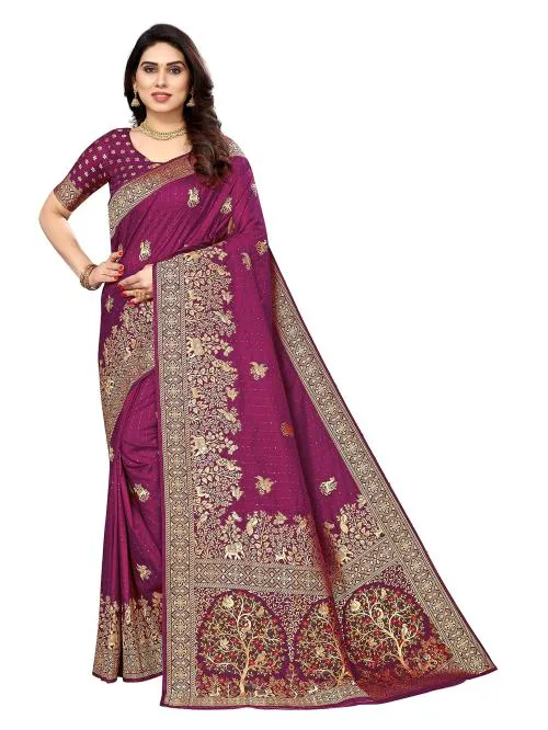 Bieth Women Magenta Woven Banarasi Dola Silk Kanjivaram Saree With Zari Unstitched Blouse