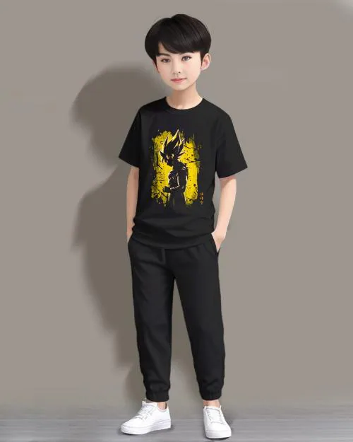 Litway Boys Casual T-shirt Track Pants  (Black)
