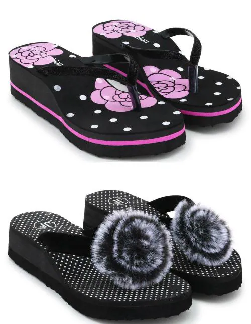 Feens Trendy & Combo of 2 Flip flops/Slippers for Women - (Purple , Black)