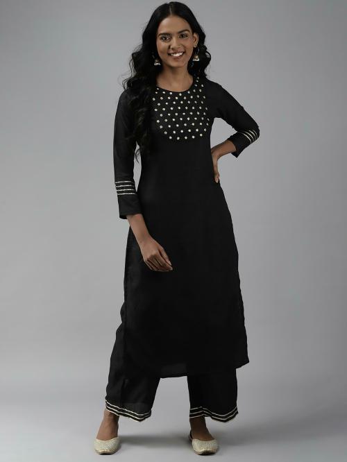 Indo Era Black Embroidered Straight Kurta With Trouser Set