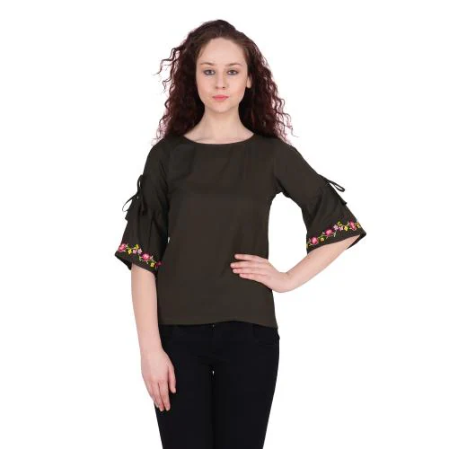 Popwings Casual Polyester Crape Floral Embroidery Women Top ! Regular Relaxed Round Neck Half Sleeve Hand Embroidery Olive Green Tops for Girls