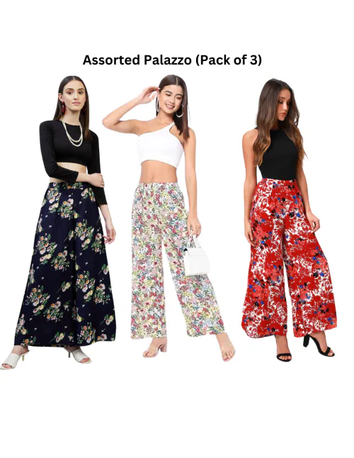 TRENDLOOK Multi Coloured Floral Printed Assorted Palazzo Pants for Women (Pack of 3)