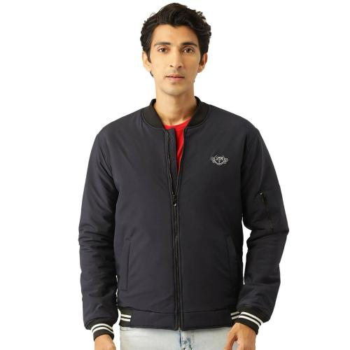 Leather Retail Mens Solid Polyester Winter Jacket Blue Color