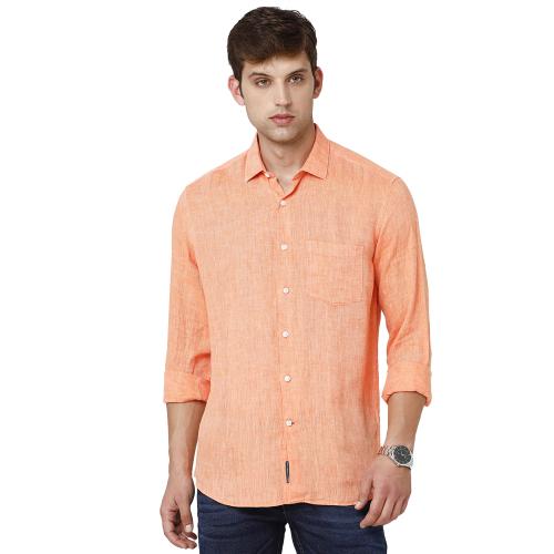 Linen Club Men's Pure Linen Orange Chambray Regular Fit Full Sleeve Casual Shirt