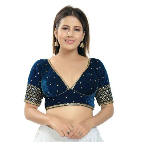 Salwar Studio Women's Peacock Blue Velvet Embroidered Readymade Saree Blouse