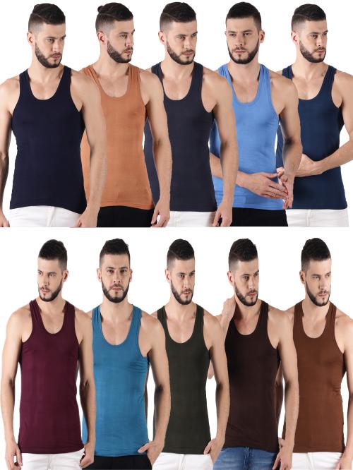 DOLLAR Lehar Men's Assorted Multicolor Solid 100% Cotton Pack of 10 Sleeveless Vest