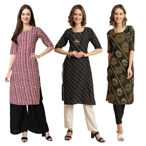 Ethnic Basket Women's Crepe Digital Print Straight Kurta [pack of 3]{BC-347-385-390-M}