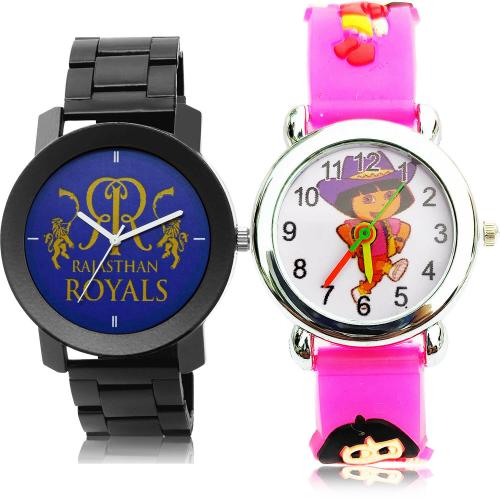 GROOT Latest Traditional Rajasthan Royals (Rr) Ipl Chain And Dora The Explorer Kids Black And Pink Colour Analog Metal And Plastic Belt 2 Watch Combo For Boys And Men - IPL17-BK191